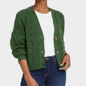 NWOT Button Front Cable Stitch Cardigan in Green